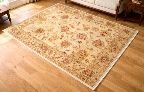 Handwoven Afghan Wool Rug 4.9x6.5 ft, Vintage Tribal Oriental Carpet, Gold Beige Traditional Area Rug, Classic Living Room Decor