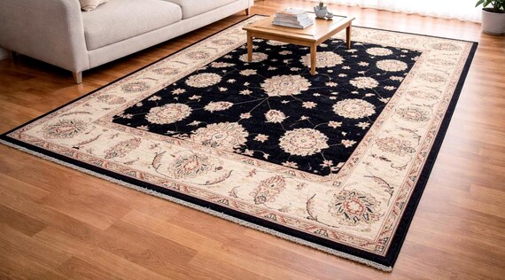 Handwoven Afghan Wool Rug 6.5x5 Ft Black Oriental Rug One of a Kind Traditional Floral Rug Vintage Tribal Area Rug Luxury Living Room Decor