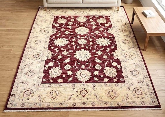 One of a Kind Handwoven Afghan Wool Rug 8x6 Ft Red Traditional Oriental Carpet, Tribal Handmade Area Rug, Vintage Living Room Decor