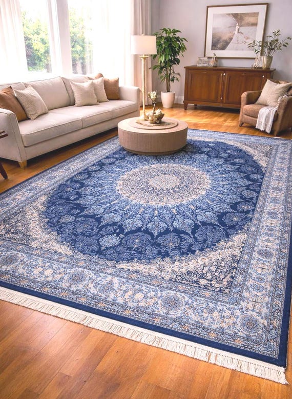 Blue Persian Area Rug (6.6 x 9.5 ft) Large Living Room Rug Navy Medallion Rug Traditional Oriental Carpet Bedroom Rug
