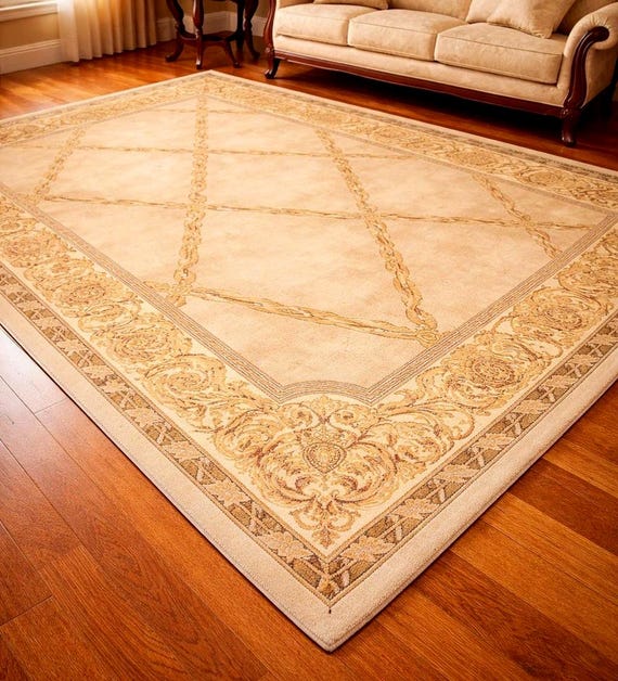 One of a Kind Chinese Wool Rug 5.6x7.9 ft, Gold Beige Oriental Area Rug, Handwoven Vintage Style Carpet, Luxury Classic Living Room Decor