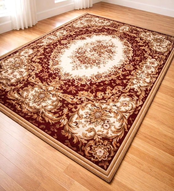 Handwoven Chinese Wool Rug, Burgundy Floral Oriental Area Rug, Traditional Living Room Carpet, Vintage Decor Rug, One of a Kind 5.57x7.87 ft