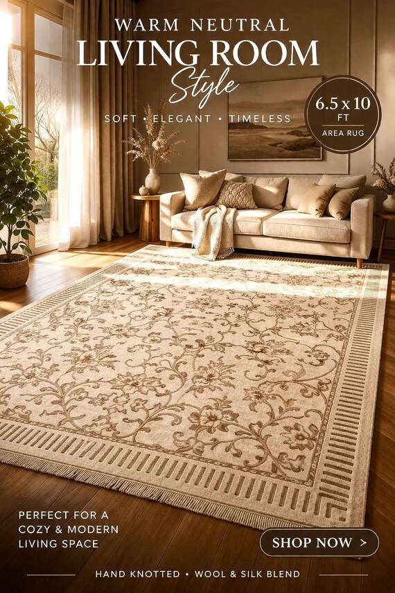 Hand Knotted Wool Silk Rug 6.5x10 – Luxury Floral Area Rug, Handmade Oriental Carpet, Large Living Room Rug, Free Express Shipping USA