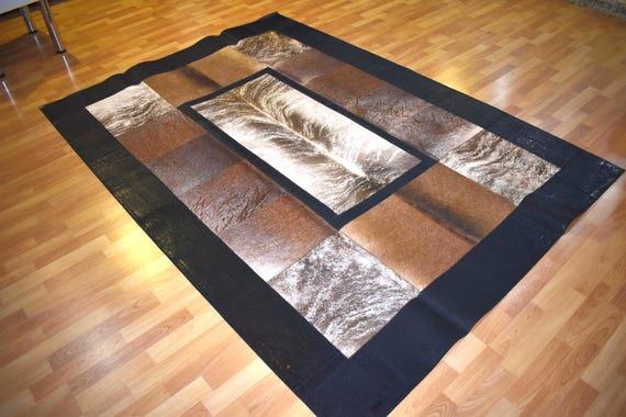 Hand Stitched Cowhide Patchwork Rug, Rustic Modern Farmhouse Decor (5.57 x 7.87 ft)