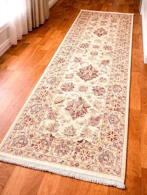 One of a Kind Handwoven Afghan Wool Runner Rug 2.6x6.5 ft Vintage Oriental Hallway Runner Cream Red Tribal Narrow Corridor Rug OOAK
