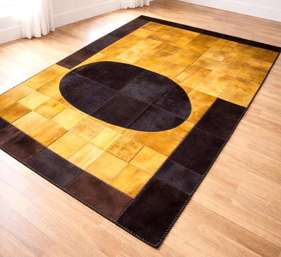Hand Stitched Cowhide Patchwork Rug, Leather Patchwork Area Rug, Rustic Farmhouse Cowhide Carpet, Brown Mustard Leather Rug, 5.58x7.87 ft