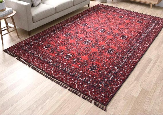 Handmade Turkish Kilim Rug Red Anatolian Flatweave Carpet Traditional Tribal Area Rug Boho Living Room Decor Wool Kilim Rug
