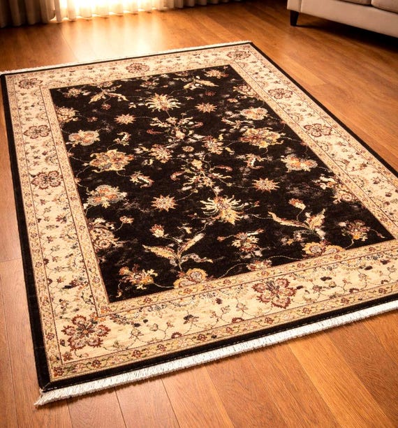 Handwoven Afghan Wool Area Rug 5.57x7.87 Ft Vintage Black Oriental Rug Traditional Handmade Wool Carpet Classic Living Room Decor