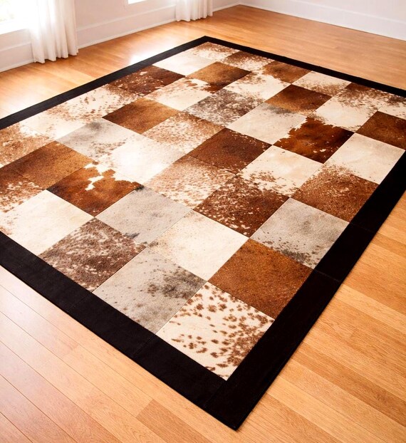 Hand Stitched Cowhide Patchwork Rug, Genuine Hair On Leather Area Rug, Rustic Western Cowhide Carpet, Brown White Patchwork Rug 5.6x7.9 ft