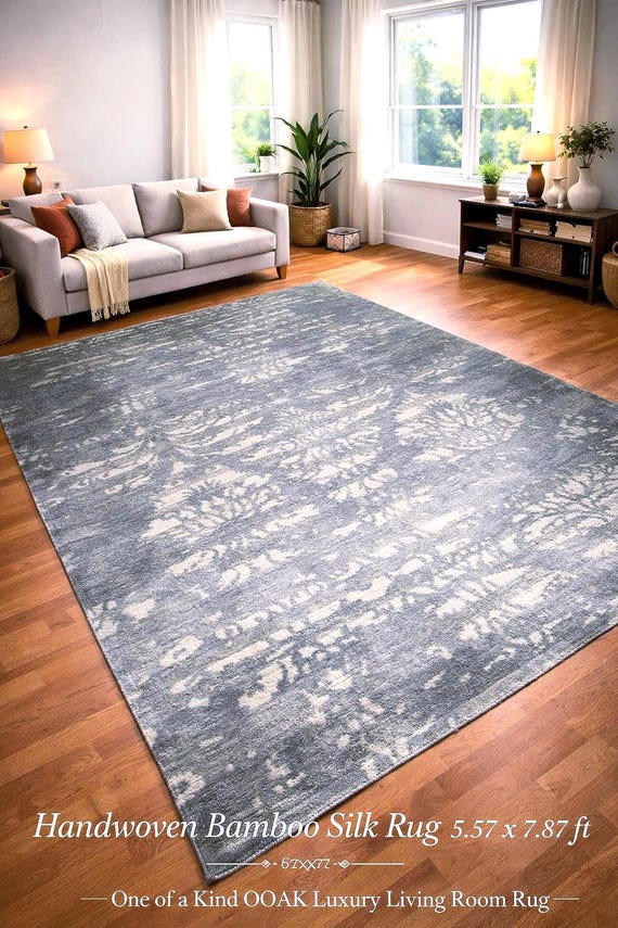 Handwoven Bamboo Silk Rug 5.57x7.87 ft Modern Indian Area Rug, One of a Kind OOAK Carpet, Luxury Neutral Contemporary Living Room Rug