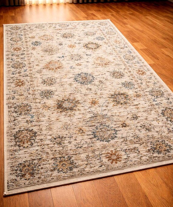 Turkish Traditional Rug, Vintage Floral Area Rug, Neutral Beige Oriental Carpet, Boho Living Room Rug, Classic Pattern Rug, 5 Sizes