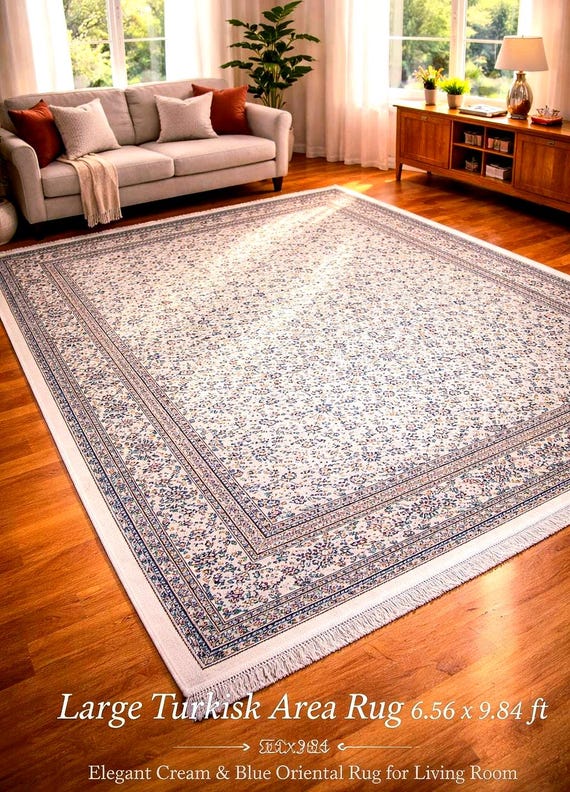 Large Turkish Area Rug 6.56x9.84 ft Traditional Floral Carpet, Oriental Style Living Room Rug, Elegant Cream Blue Patterned Home Decor Rug