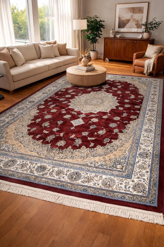 Red Persian Style Area Rug 6.5x10 ft Large Traditional Rug Oriental Medallion Carpet Living Room Bedroom Turkish Rug