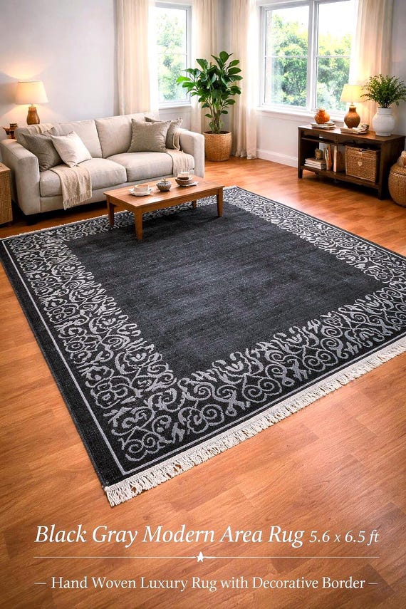 Black Gray Modern Area Rug Indian Hand Woven Rug Viscose Bamboo Silk Rug Luxury Living Room Rug Decorative Border Bedroom Rug
