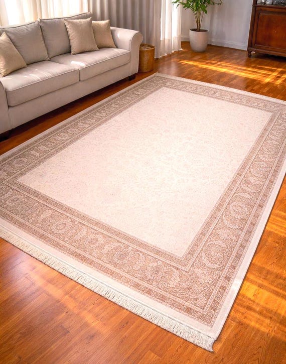 Beige Cream Area Rug 6.6 x 9.8 ft Large Living Room Rug Neutral Border Carpet Acrylic Viscose Rug Modern Classic Floor Decor