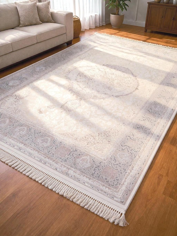 Beige Cream Area Rug 5.25 x 7.55 ft Living Room Rug Neutral Medallion Carpet Acrylic Viscose Rug Modern Classic Bedroom Rug