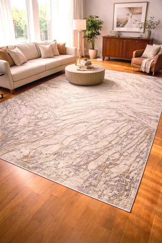 Beige Abstract Area Rug 6.5x10 ft Large Living Room Rug Turkish Rug Modern Neutral Carpet Bedroom Rug Contemporary Floor Decor