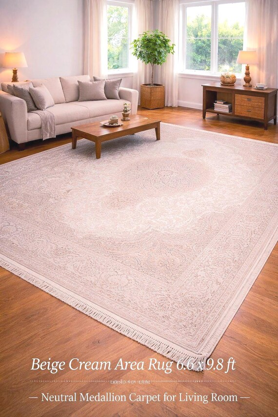 Beige Cream Area Rug 6.6 x 9.8 ft Large Living Room Rug Neutral Medallion Carpet Acrylic Viscose Rug Modern Classic Floor Decor