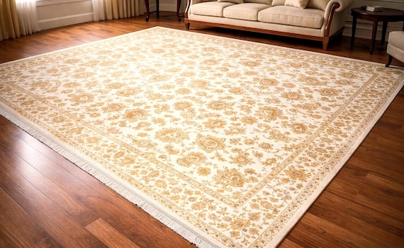 Cream Gold Oriental Area Rug 5.25x7.55 & 6.6x9.8 ft, Turkish Style Floral Carpet, Classic Living Room Rug, Elegant Traditional Decor