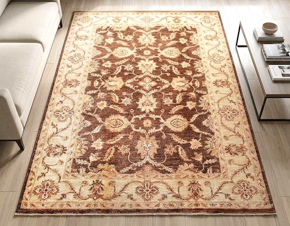 One of a Kind Handwoven Afghan Wool Rug 8x6 Ft Brown Tribal Oriental Carpet Traditional Vintage Area Rug Living Room Decor