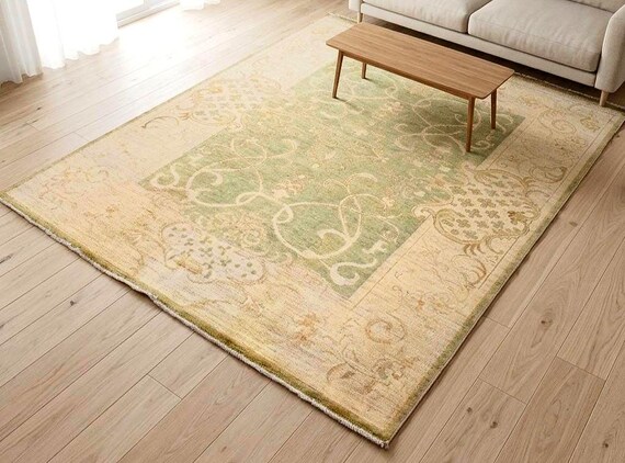 Handwoven Afghan Wool Rug 6.5x5 Ft Sage Green Vintage Oriental Rug One of a Kind Tribal Area Rug Neutral Boho Living Room Decor Handmade