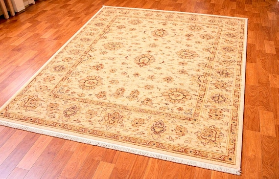 Handwoven Afghan Wool Area Rug 4.6x6.6 ft One of a Kind Vintage Oriental Rug Cream Beige Tribal Oushak Style Boho Living Room Carpet