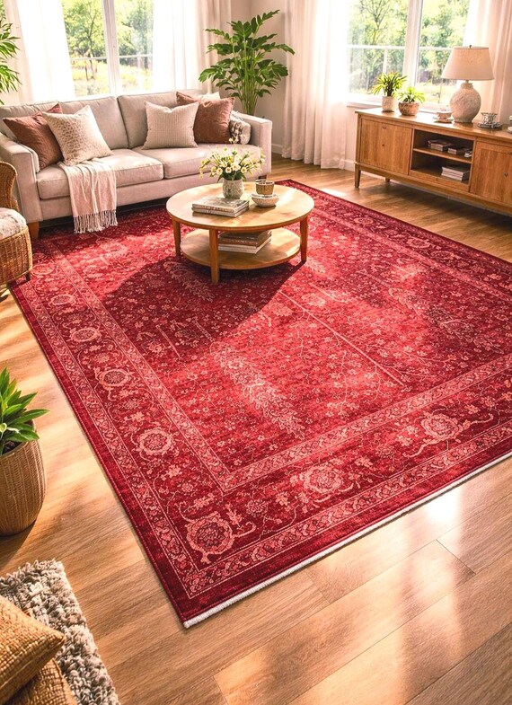 Turkish Red Area Rug, Vintage Oriental Polyester Carpet, Traditional Living Room Bedroom Decor, Soft Modern Rug Available in 7 Sizes