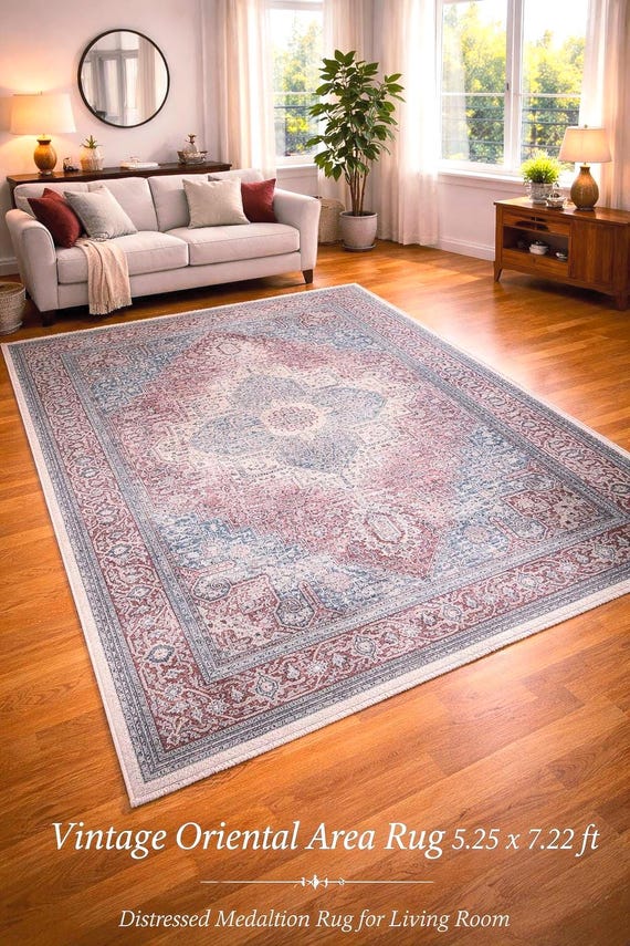 Vintage Oriental Area Rug 5.25x7.22 ft Distressed Traditional Carpet, Classic Medallion Rug, Red Gray Vintage Style Living Room Decor Rug