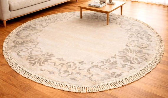 Handwoven Indian Cotton Round Rug 4.75 Ft Beige Boho Round Area Rug Neutral Traditional Carpet Artisan Made OOAK Statement Decor