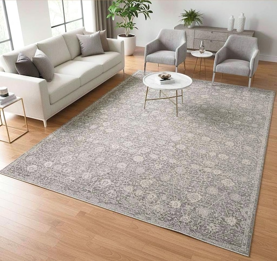 Large Beige Area Rug 6.6x9.5 ft Neutral Vintage Rug Floral Pattern Living Room Rug Modern Classic Viscose Polyester Carpet