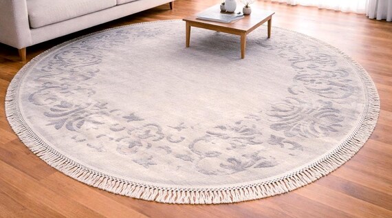 Handwoven Indian Cotton Round Rug 6.56 Ft Beige Gray Traditional Circle Rug Neutral Boho Area Rug Luxury Artisan Carpet OOAK