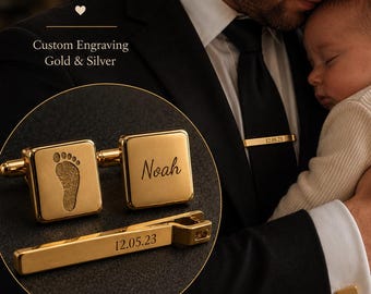Cufflinks Baby Footprint and Tie Clip Set Personalised Engraved Gift For Husband Father’s Day Gift for Dad New Dad gift First fathers day