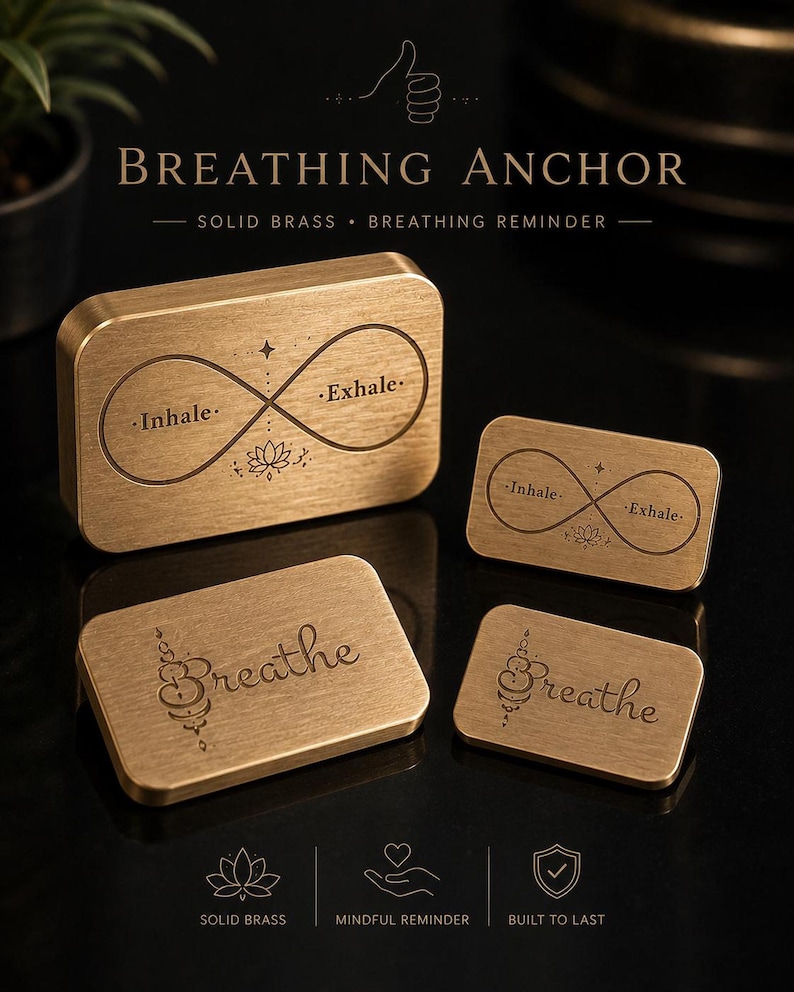 Four rectangular solid brass breathing anchor tokens in different sizes and designs displayed on a black reflective surface.