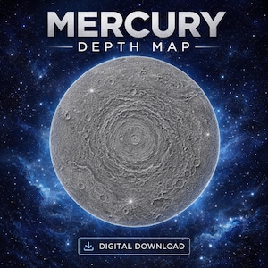 Könnte beinhalten: Eine kreisförmige, graue Tiefenkarte des Merkur mit einer texturierten, kraterreichen Oberfläche vor einem dunkelblauen, sternenreichen Weltraumhintergrund. Der Text MERCURY DEPTH MAP steht oben, unten ein Download-Symbol.