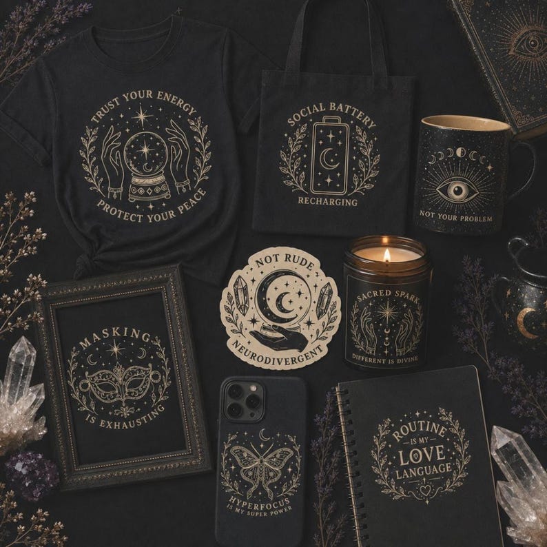 A flat lay of various witchy-themed products on a dark background, including a black t-shirt, a tote bag, a mug, a framed print, a phone case, a candle, and a notebook.