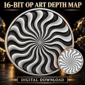 May include: A circular 16-bit op art depth map digital download featuring a central radial pattern of swirling black and white waves. The design includes a large primary circular graphic and a smaller circular inset showing the same pattern.