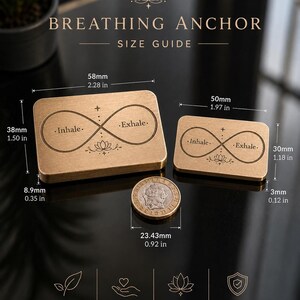 An infographic displaying dimensions in millimeters and inches for two rectangular solid brass breathing anchors alongside a coin.