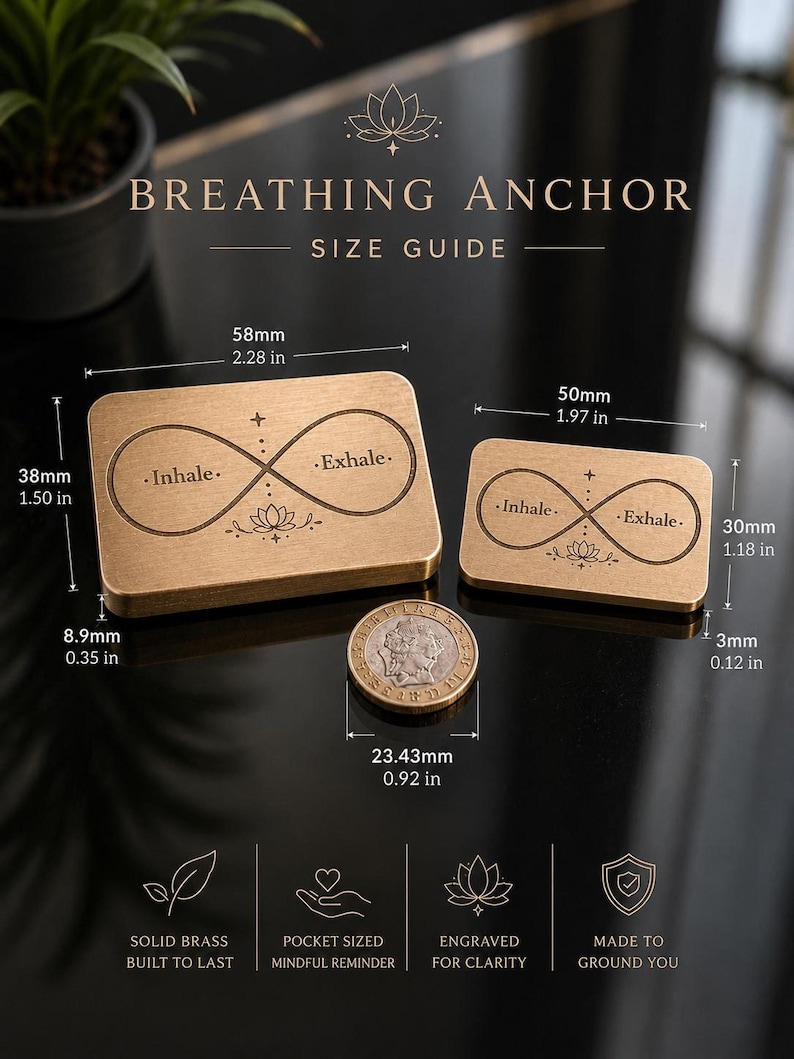 An infographic displaying dimensions in millimeters and inches for two rectangular solid brass breathing anchors alongside a coin.