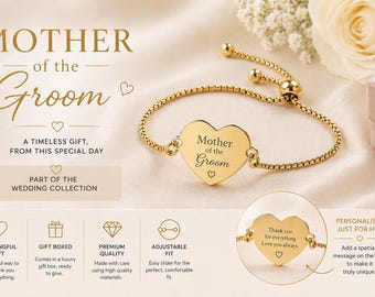 Personalised Mother of the Groom Bracelet, Engraved Heart Wedding Gift for Mum, Bridal Jewellery Keepsake, Thank You Gift from Son Daughter