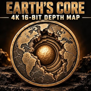 May include: A circular bronze-toned emblem featuring a cross-section of the Earth with a central glowing core, surrounded by cracked continental landmasses. The text "EARTH'S CORE" and "4K 16-BIT DEPTH MAP" is displayed in gold lettering above the globe.