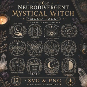 A digital collage of 12 witchy-themed designs with text, including a crescent moon, a battery, an eye, a heart, a mask, a butterfly, and a crystal ball.