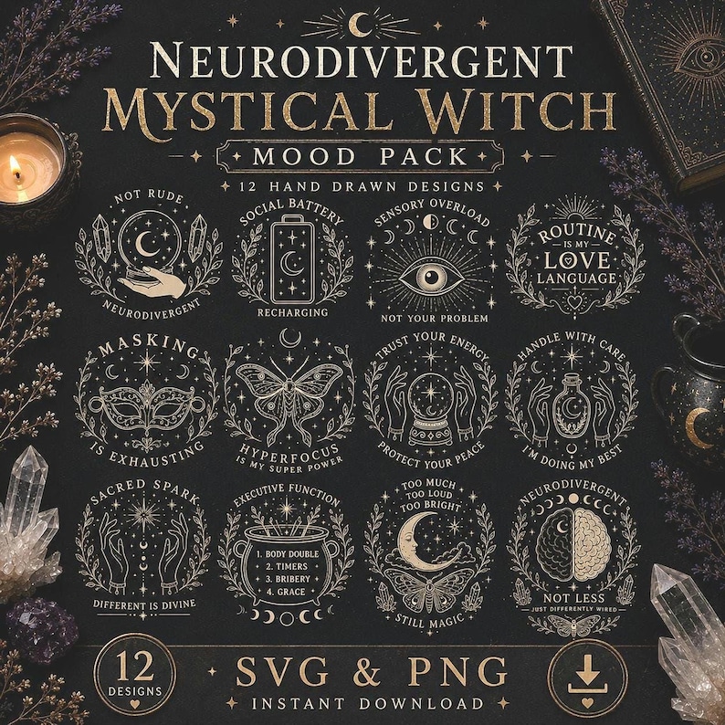 A digital collage of 12 witchy-themed designs with text, including a crescent moon, a battery, an eye, a heart, a mask, a butterfly, and a crystal ball.