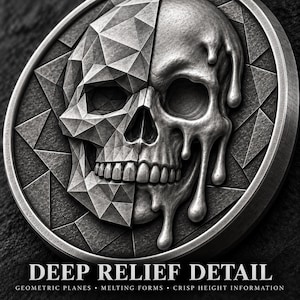 Tiefenkarten-Retro-Schädel-Datei-Idee für Gravuren von EDC-Challenge-Coins im psychedelischen 70er-Jahre-Stil (Schmelzendes Design) – 3D-Digital-Download für Lightburn Design