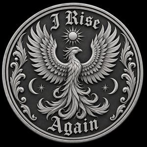 Könnte beinhalten: Ein kreisförmiges silberfarbenes Medaillon mit einem Relief eines Phönix mit ausgebreiteten Flügeln. Der Text "I Rise" steht über dem Vogel und "Again" darunter. Das Design umfasst eine Sonne, zwei Mondsicheln und verzierte Rankenränder.