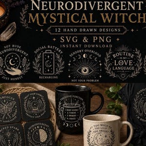 A digital collage of witchy-themed designs and physical products, including two mugs, a t-shirt, and four coasters, all featuring mystical designs.