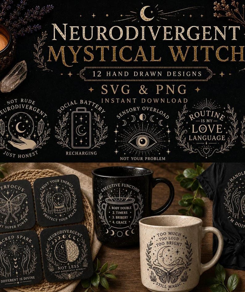 A digital collage of witchy-themed designs and physical products, including two mugs, a t-shirt, and four coasters, all featuring mystical designs.