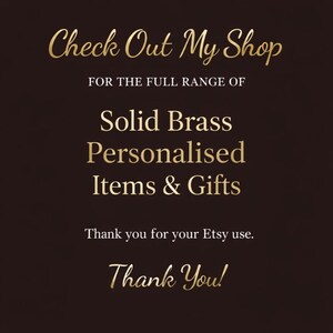 Dark brown background with gold text promoting a shop featuring solid brass personalized items and gifts.