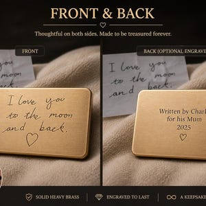 Graphic demonstrating front and back engraving on a solid brass plaque, with the front showing a handwritten message and the back featuring a name, year, and heart symbol.