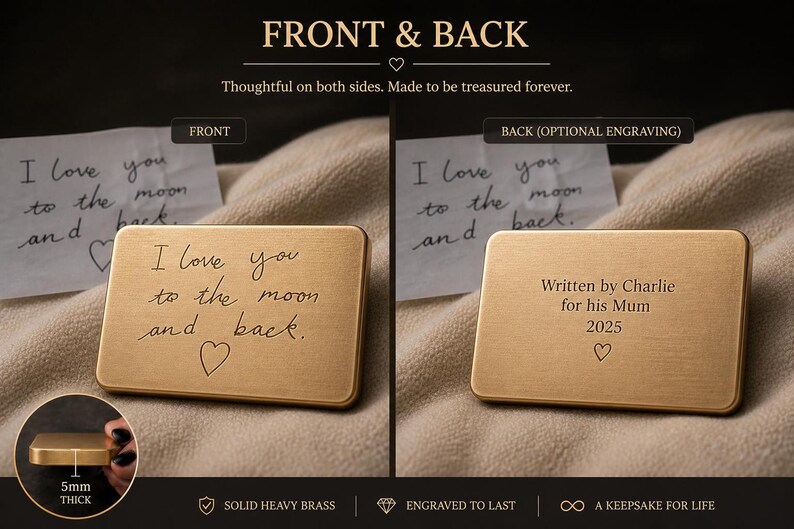 Graphic demonstrating front and back engraving on a solid brass plaque, with the front showing a handwritten message and the back featuring a name, year, and heart symbol.