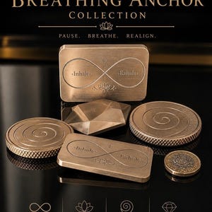 An assortment of solid brass meditation tools including rectangular breathing anchors, round spiral worry stones, and a faceted geometric token.